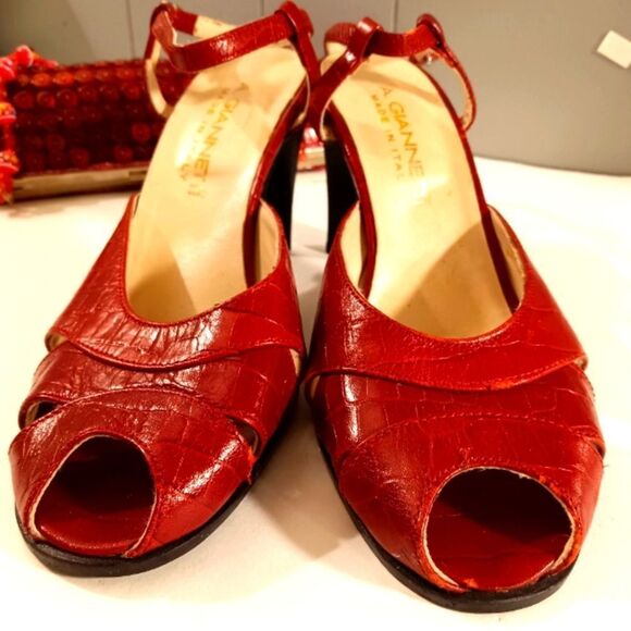 A. Gianetti Made in Italy Red Leather Croc Embossed Peep Toe Slingback S… - Picture 3 of 8